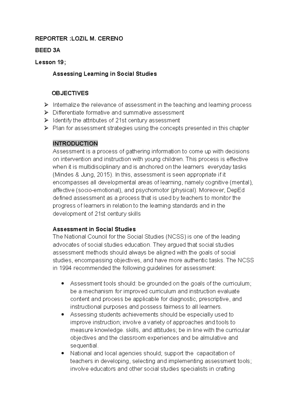 BEED 3A Lesson Notes: Assessing Learning in Social Studies - Studocu