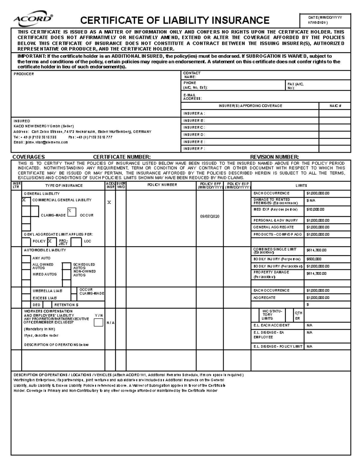 Certificate OF Liability Insurance - CERTIFICATE OF LIABILITY INSURANCE ...