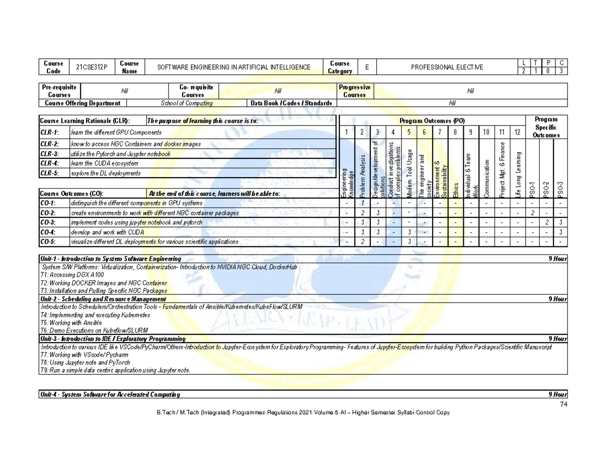 CSE312P: Syllabus for Software Engineering in AI - Higher Semester ...