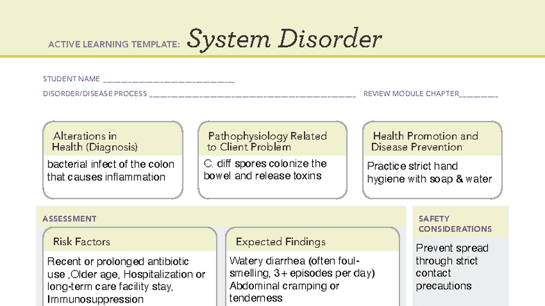 ACTIVE LEARNING TEMPLATE: Clostridium Difficile System Disorder - Studocu