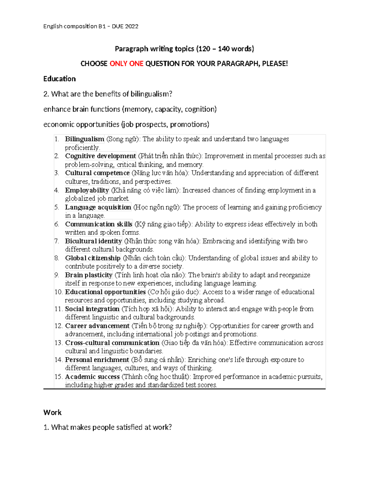 English Composition B1 - Paragraph Writing Topics for 2022 - Studocu