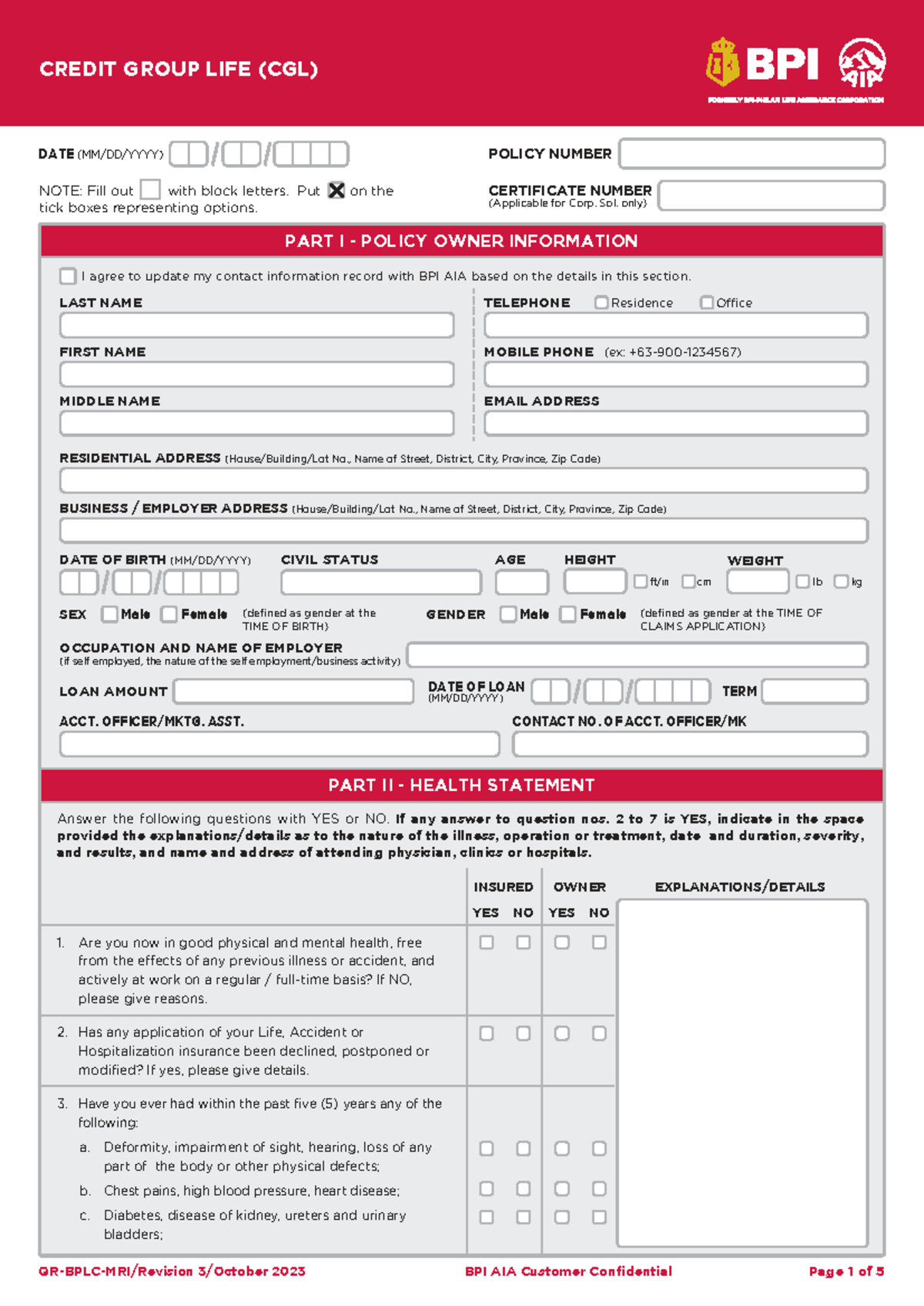 CREDIT GROUP LIFE (CGL) POLICY AND HEALTH STATEMENT FORM - Studocu