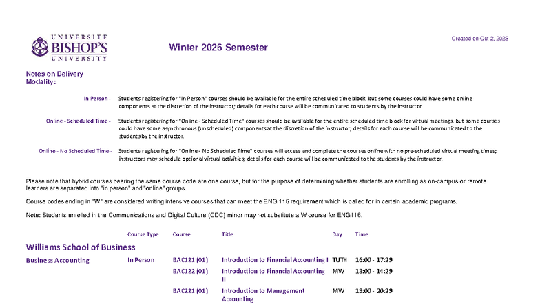 Winter 2026 Semester Course Delivery Modality Notes - Studocu
