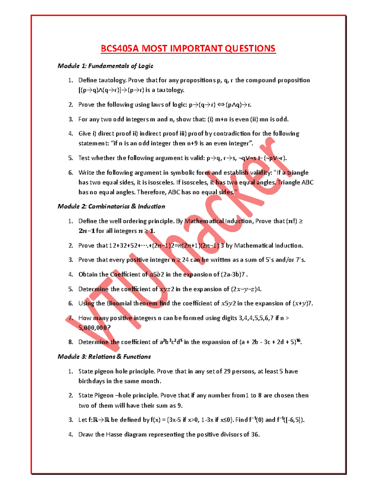 BCS405A Important Questions: Logic, Combinatorics, and Groups - Studocu