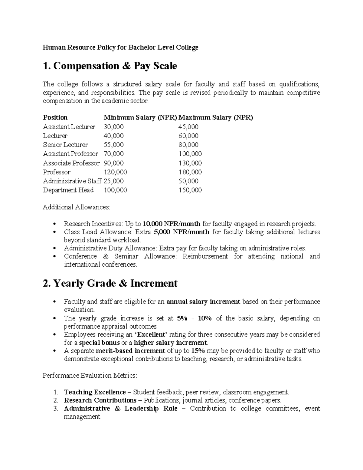 HR Policy Draft for Bachelor Level College - Compensation & Promotion ...