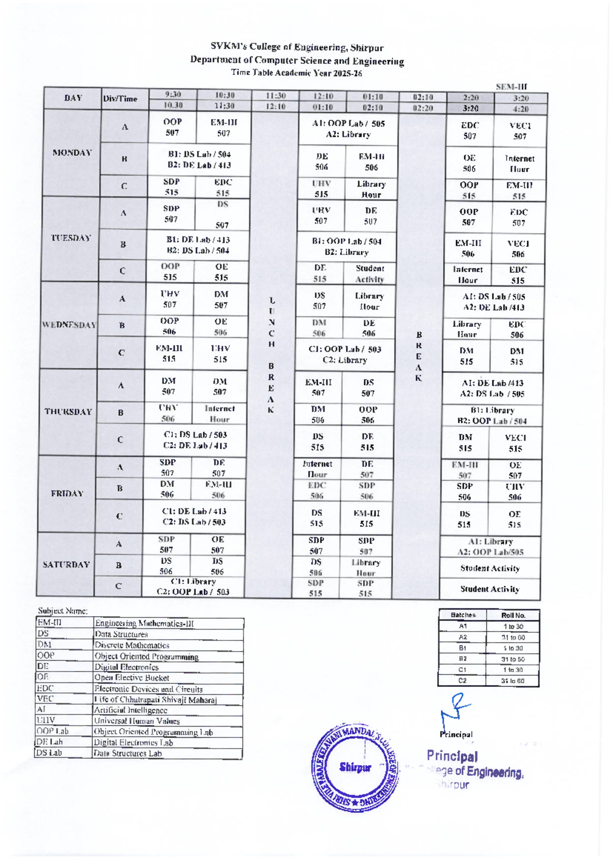 CSE Time Table AY 2023-24 - College of Engineering, Shirpur - Studocu