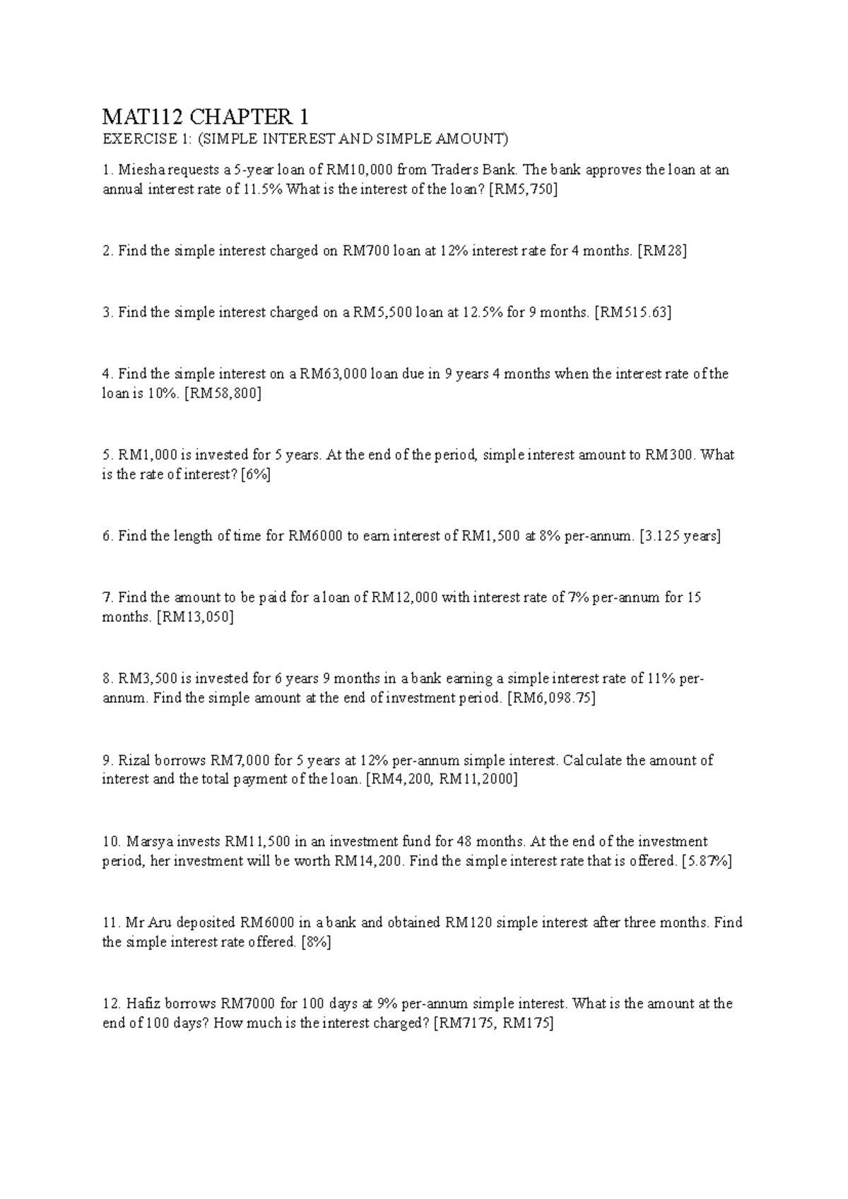 MAT112 Chapter 1 - nothing - MAT112 CHAPTER 1 EXERCISE 1: (SIMPLE ...