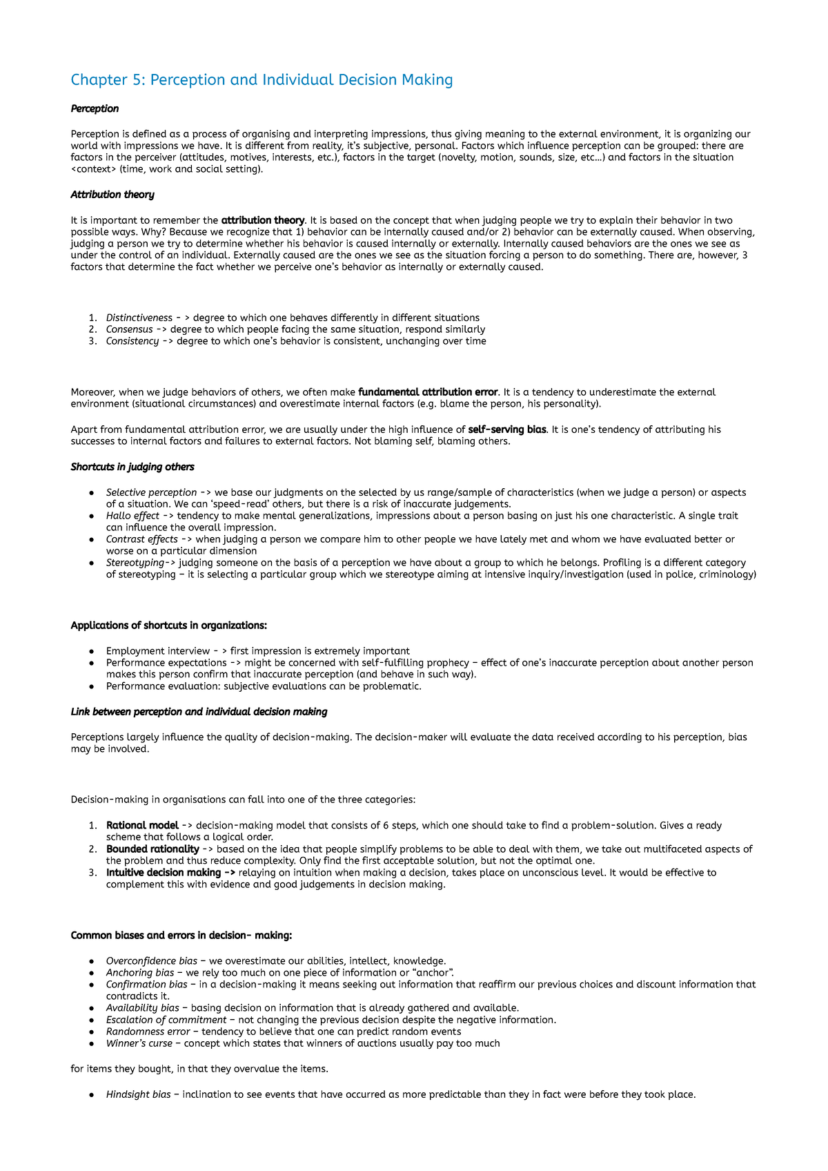 OB Summary Notes: Chapter 5 - Perception & Decision Making - Studocu
