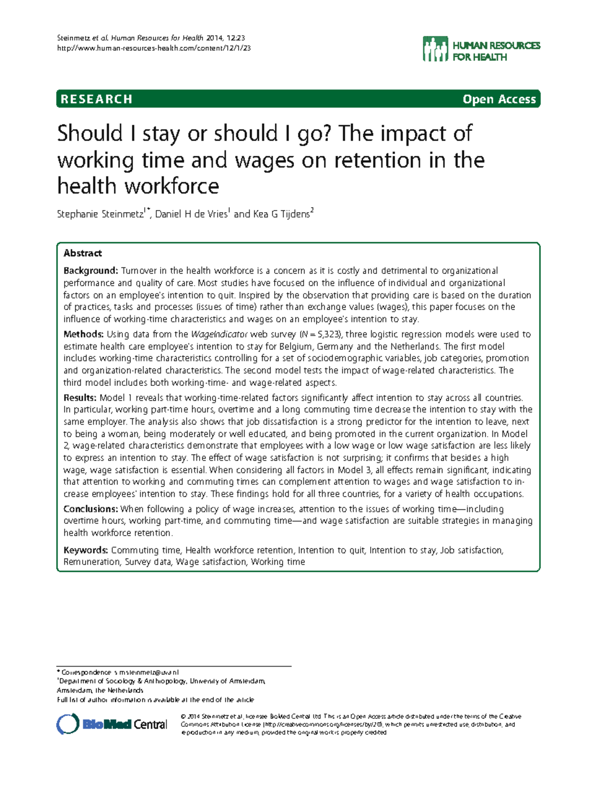 Impact of Working Time and Wages on Health Workforce Retention: A Study ...