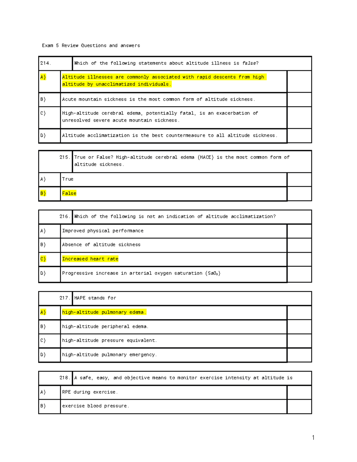 Exam 5 Review Questions & Answers: Focus on Altitude & Exercise - Studocu