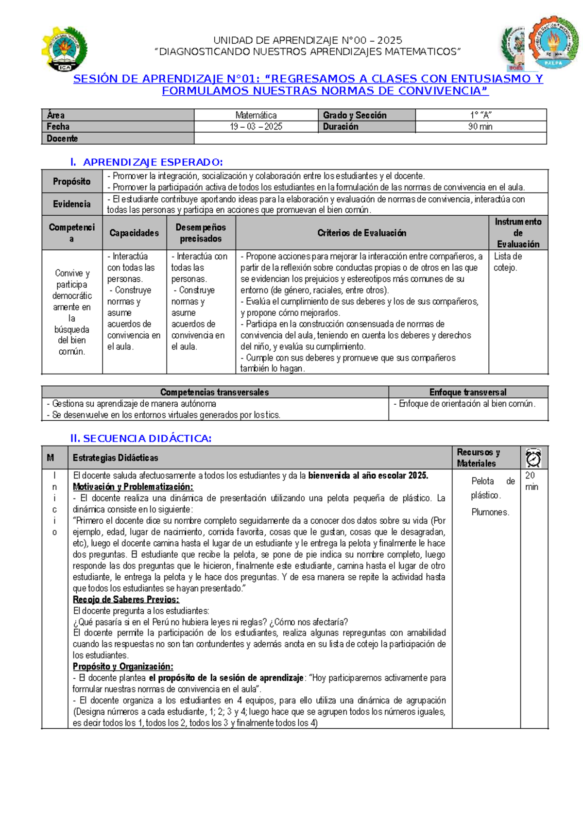 1° Sesión de Aprendizaje - Normas de Convivencia - UA 2025 - Studocu