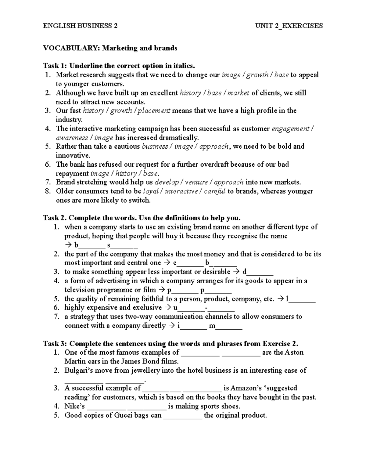 ENGLISH BUSINESS 2 UNIT 2_EXERCISES: Vocabulary & Grammar Tasks - Studocu