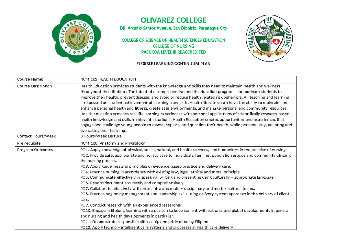 NCM 102 Health Education Flexible Learning Plan for 1st Sem 2024 - Studocu