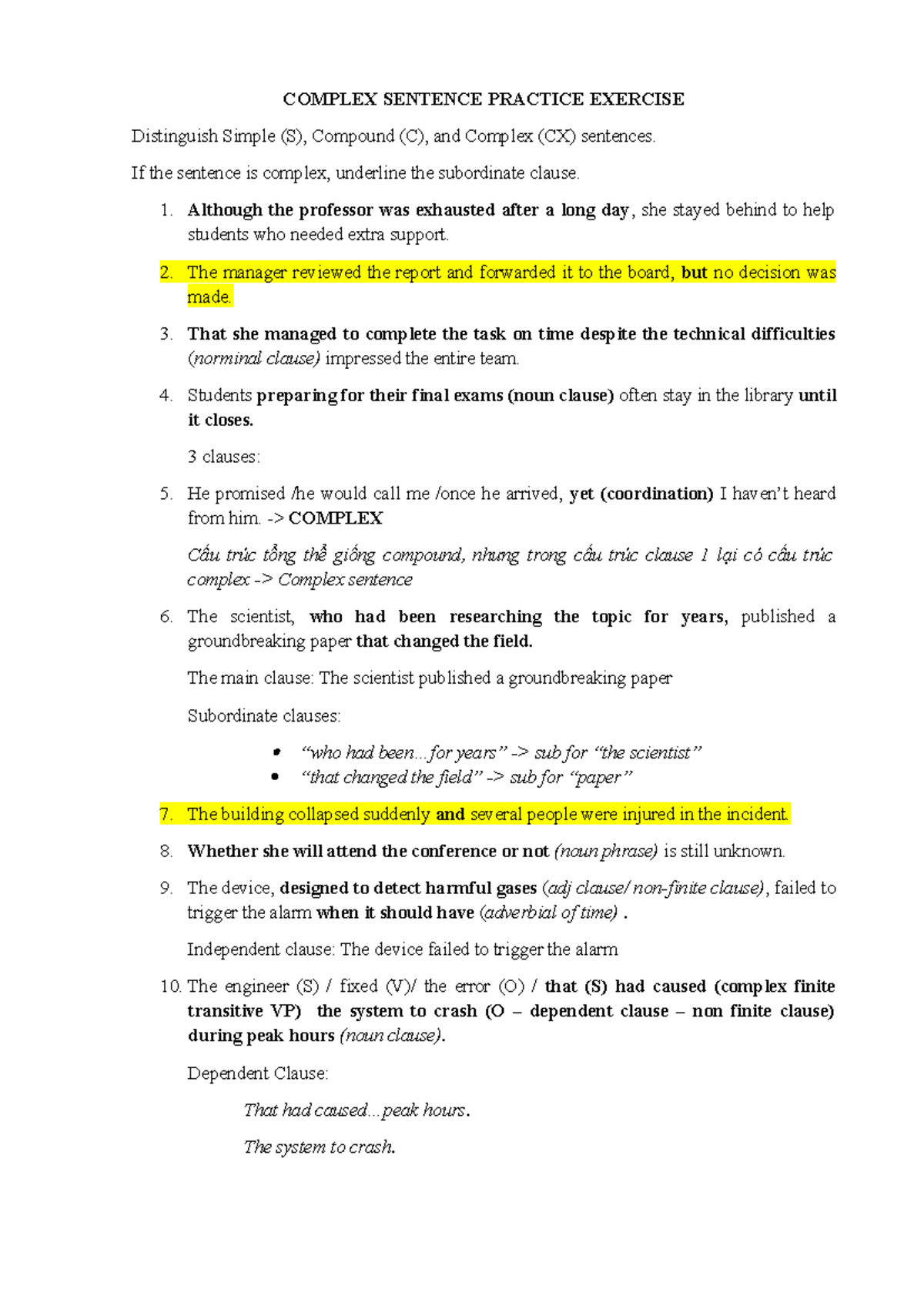 Complex Sentence Practice Exercise: Distinguishing S, C, and CX ...