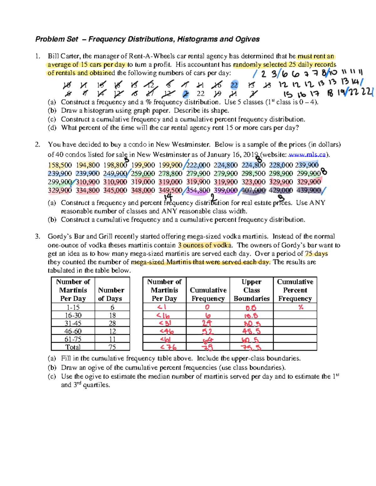 Problem Set - Frequency Distributions, Histograms & Ogives - Studocu