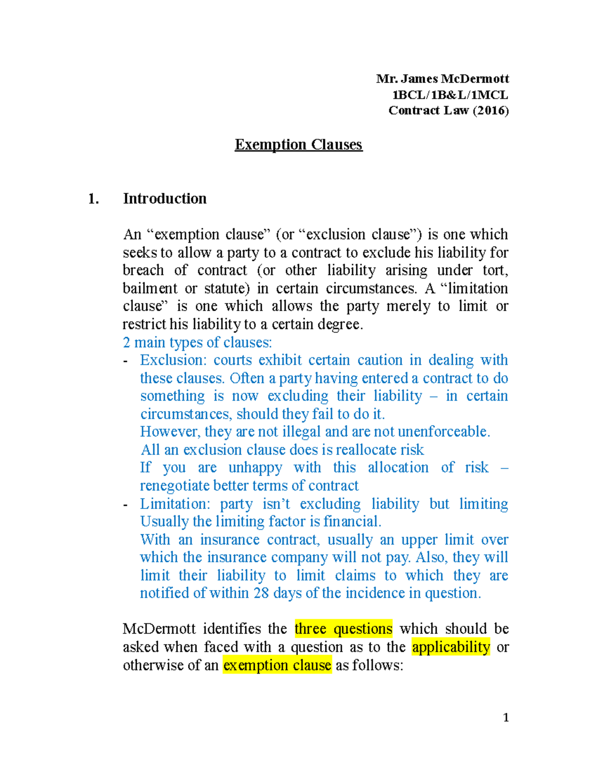 Exclusion Clauses in Contract Law - 1BCL/1B&L/1MCL Notes - Studocu