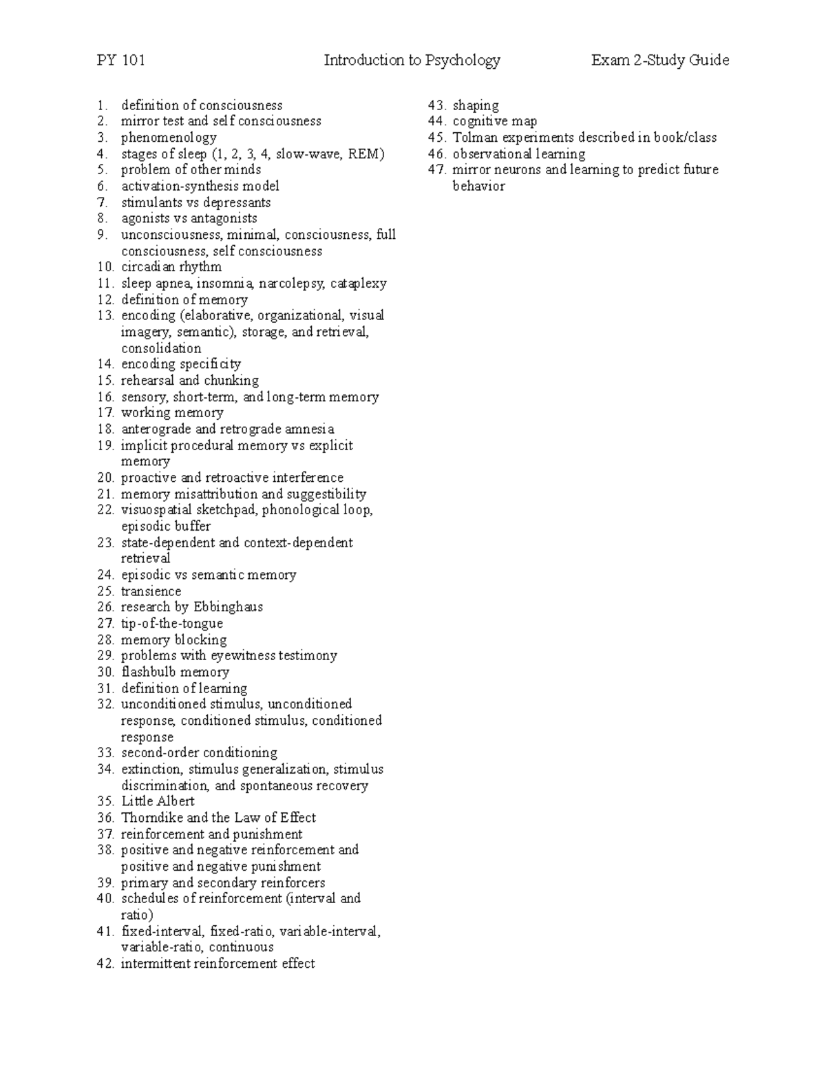 PY 101 Exam 2 Study Guide: Key Concepts in Psychology - Studocu