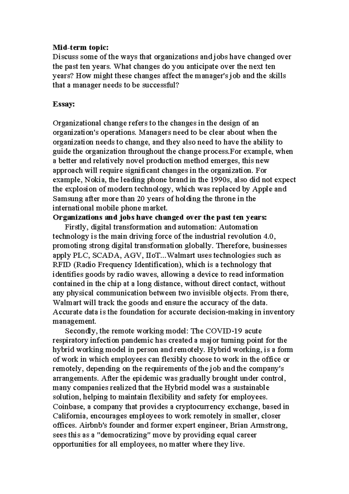 MIDTERM Essay: Changes in Organizations & Jobs Over the Last Decade ...