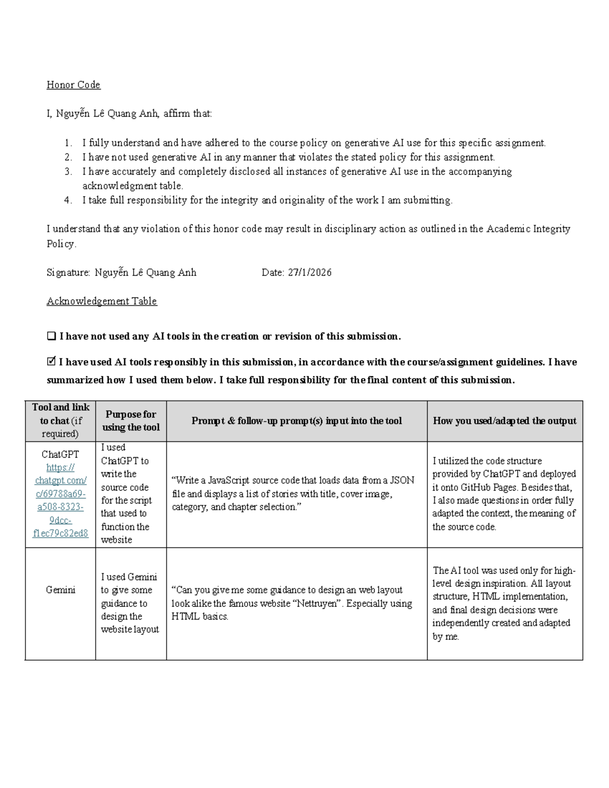 AIDeclaration Template: Honor Code Compliance for Assignment - Studocu
