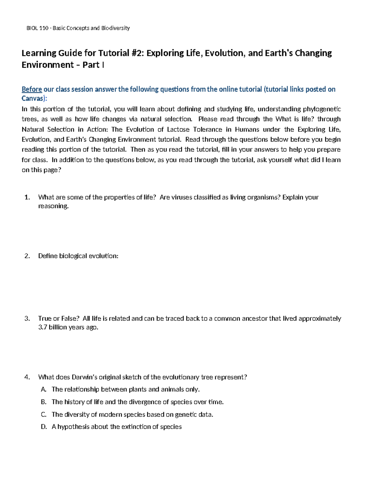 BIOL 110 Learning Guide for Tutorial #2: Natural Selection & Evolution ...