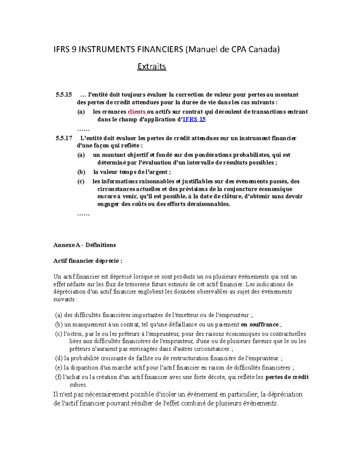 IFRS 9 Instruments Financiers extraits - IFRS 9 INSTRUMENTS FINANCIERS ...