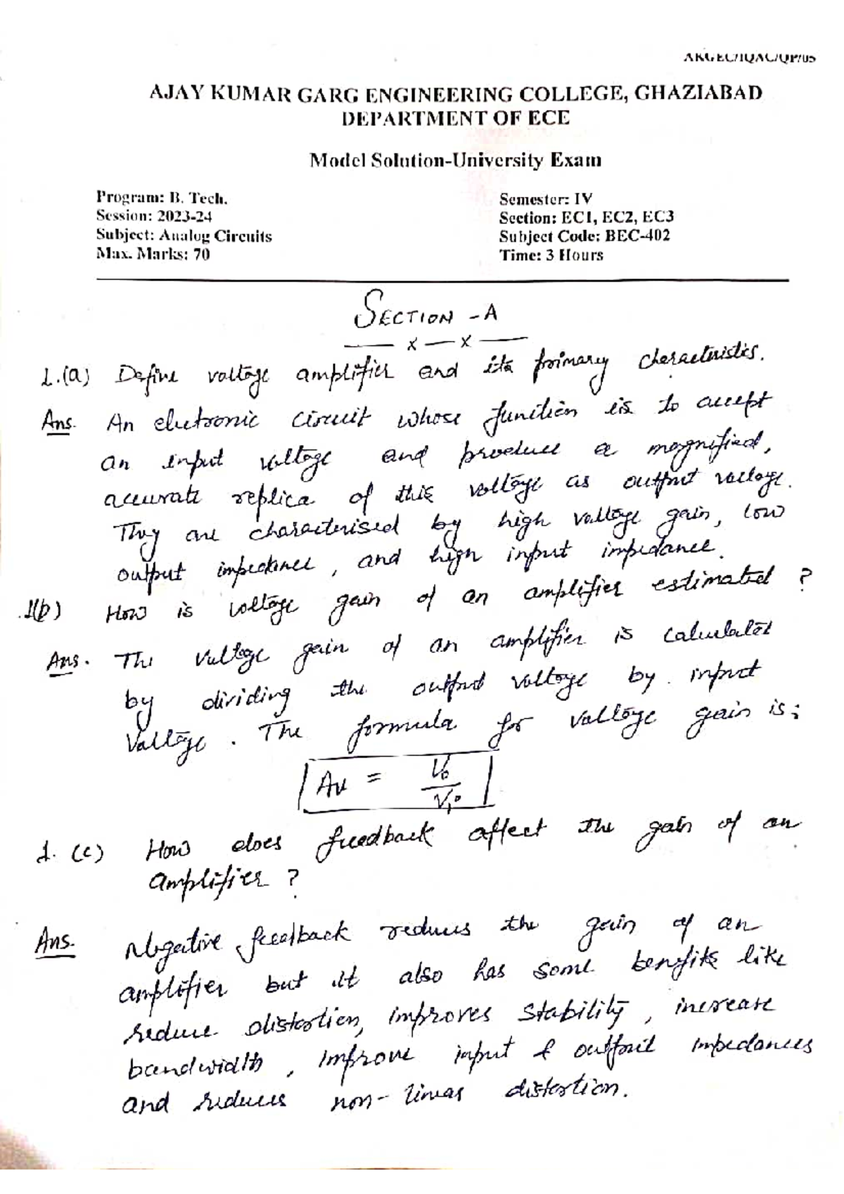 Model Exam Program: B. Tech. IV Sem ECE - Analog Circuits (Subject Code ...