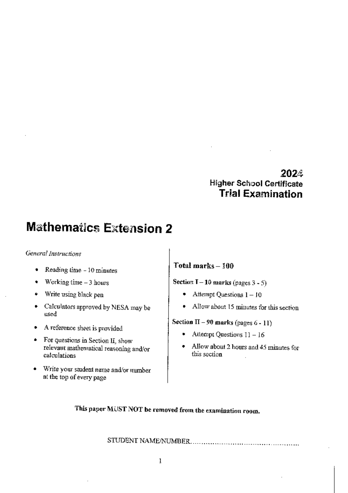 2024 HSC Year 12 Math Ext 2 Trial Exam with Full Solutions - Studocu