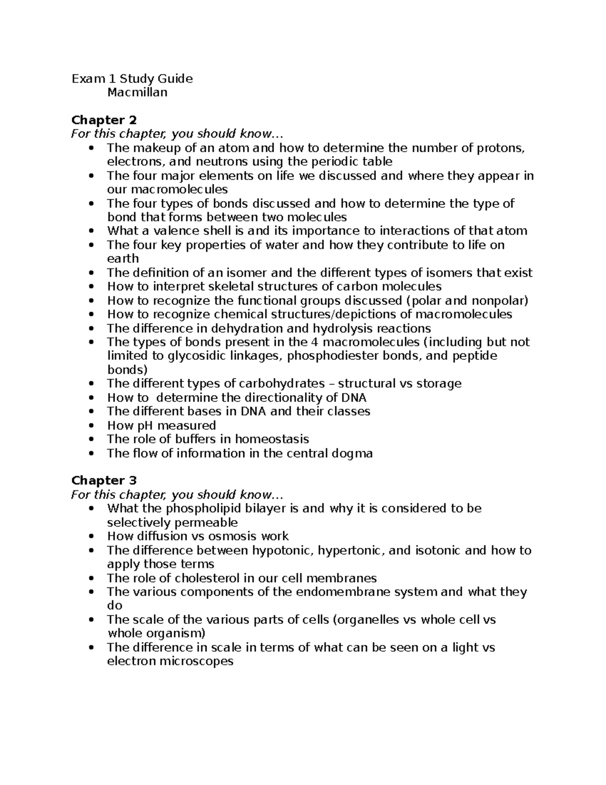 Biology 101 Exam 1 Study Guide: Key Concepts from Chapters 2 & 3 - Studocu