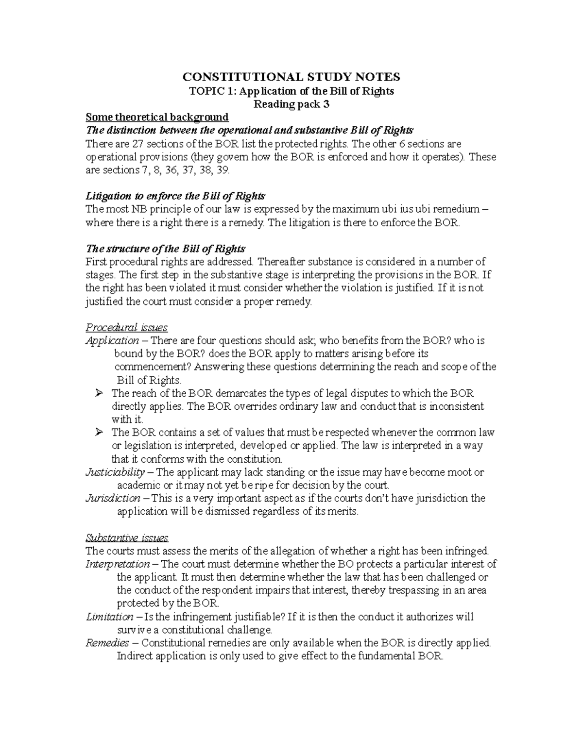 Constitutional Law Study Notes 2: Bill of Rights Overview - Studocu