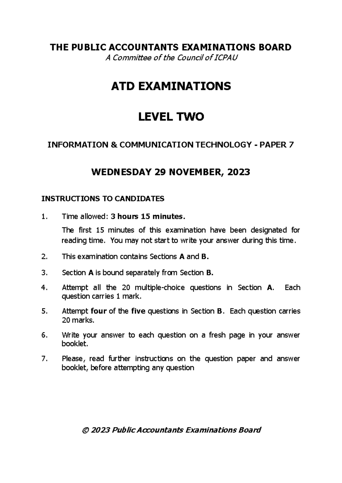 ATD Level 2 ICT Paper 7 Exam Instructions & Questions Nov 2023 - Studocu