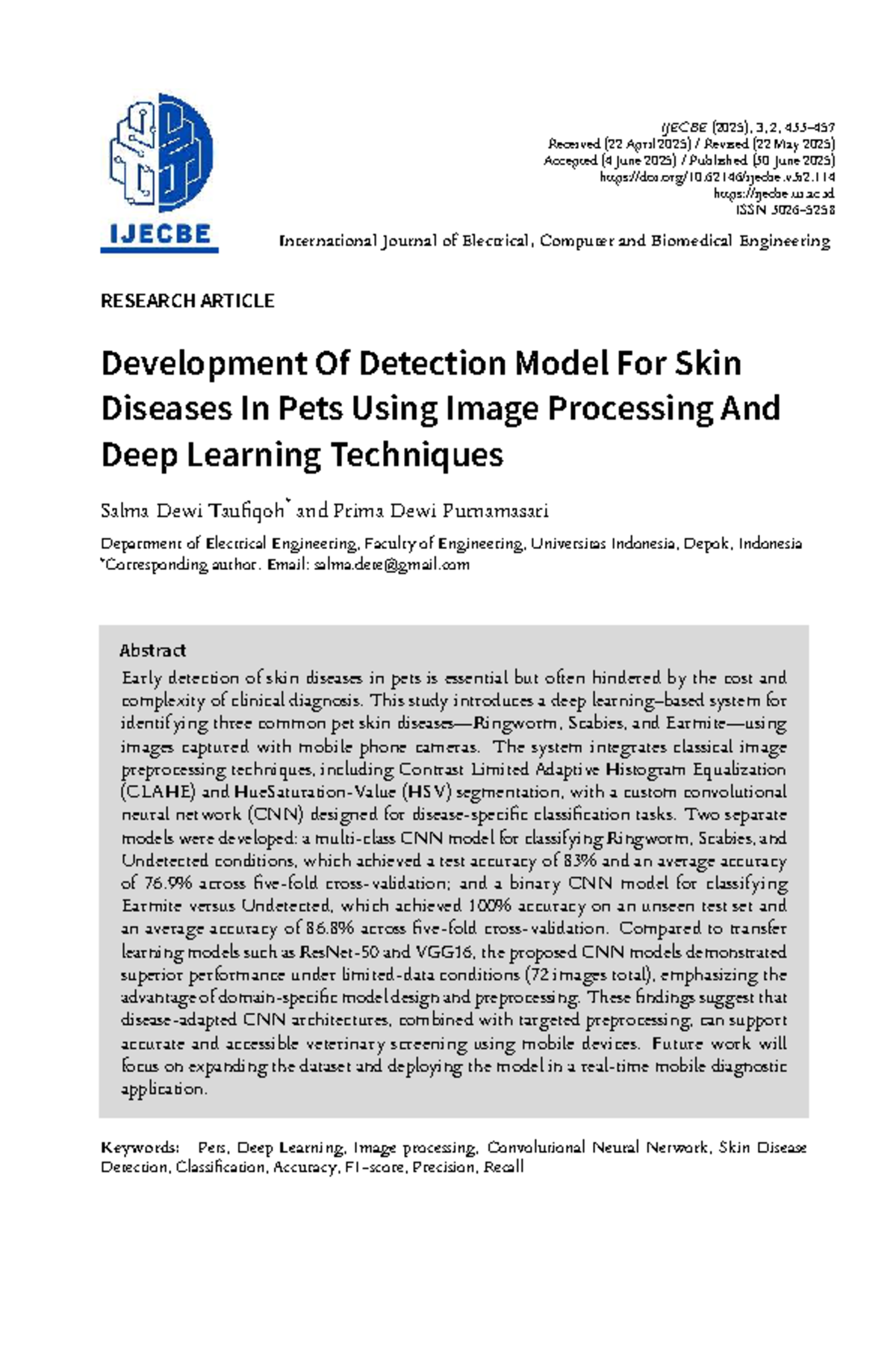 IJECBE 2025: Deep Learning Model for Pet Skin Disease Detection - Studocu
