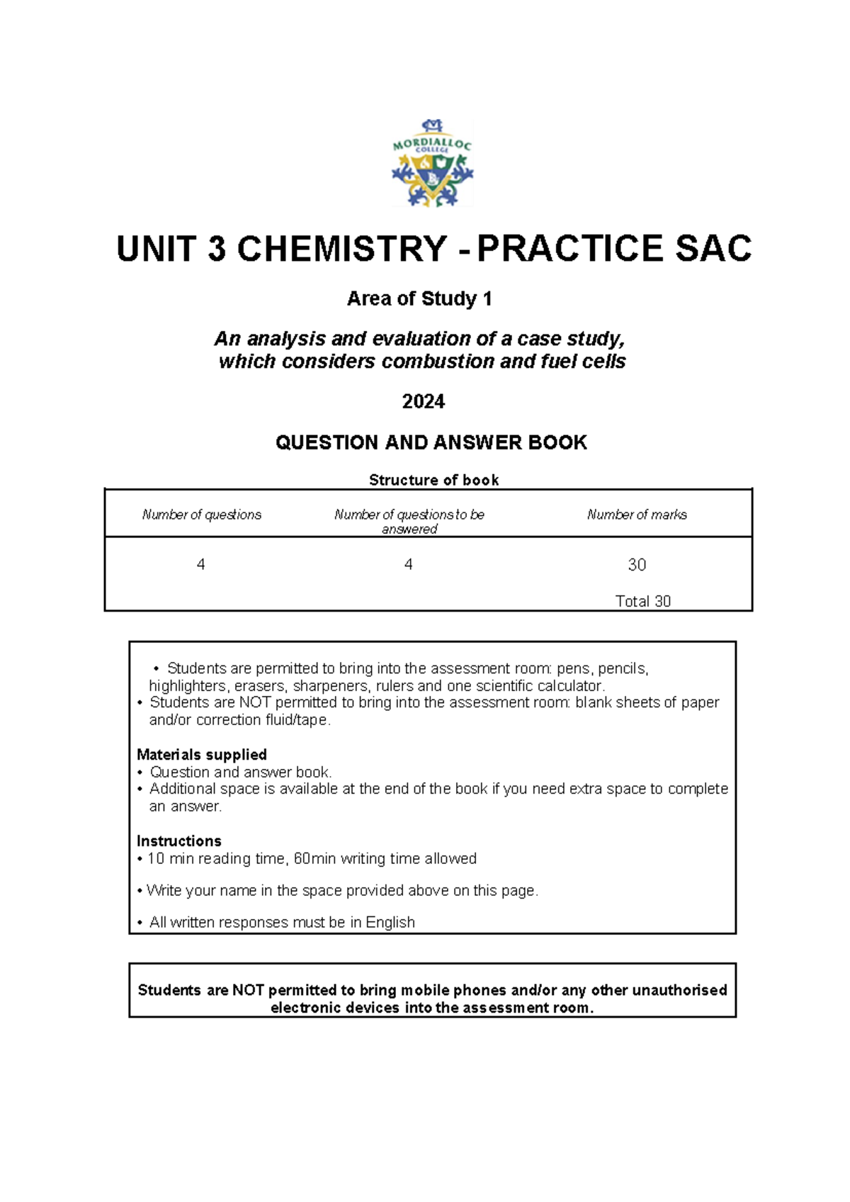 Unit 3 Chemistry: AOS1 Practice SAC 2024 Q&A Guide - Studocu