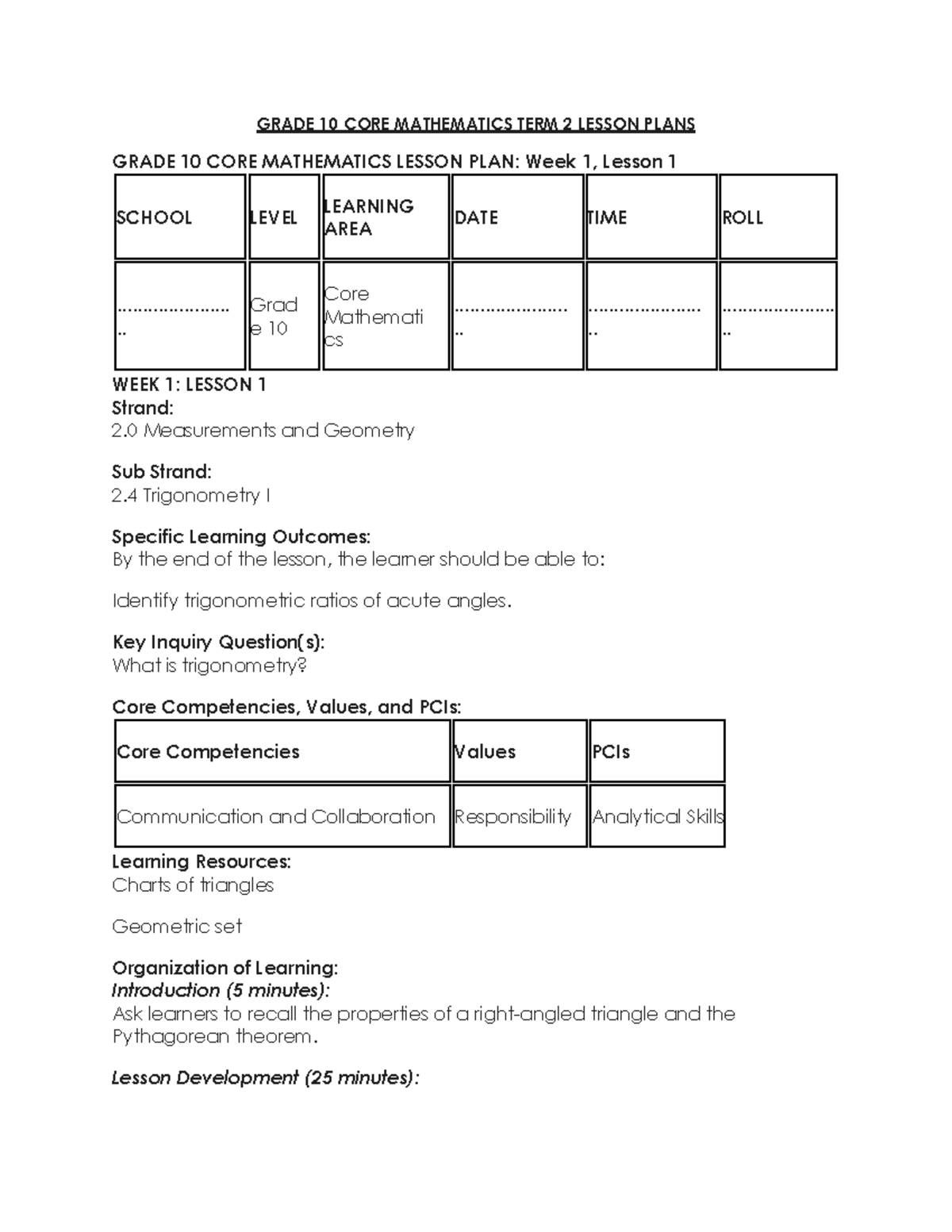 GRADE 10 CORE MATHEMATICS TERM 2 LESSON PLANS: Weeks 1 & 2 - Studocu