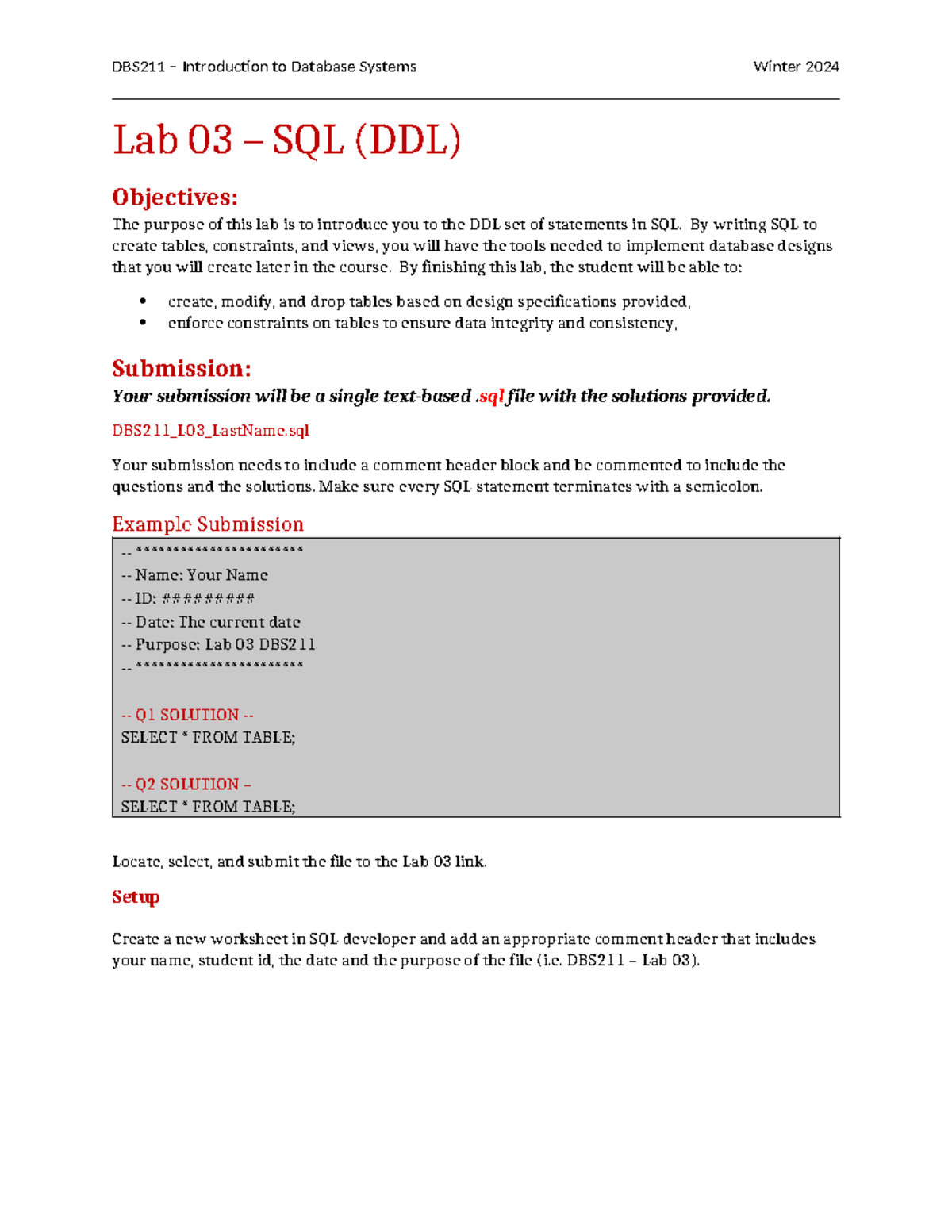 DBS 211 Lab03 Week5 create Tables - Lab 03 – SQL (DDL) Objectives: The ...