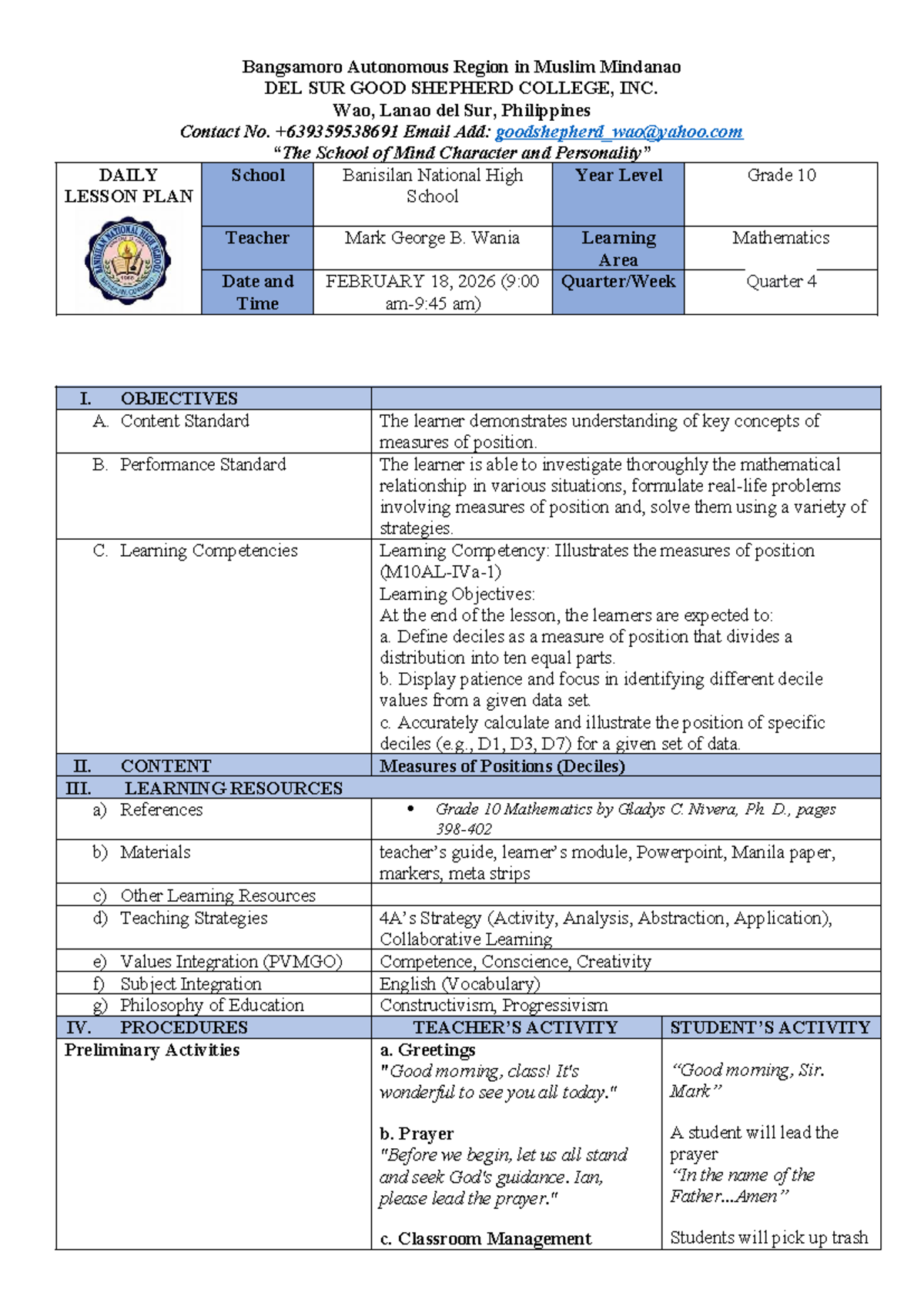 Math 10 Q4 Lesson Plan: Understanding Deciles in Data Analysis - Studocu