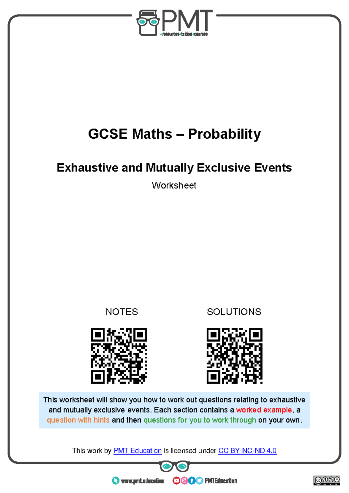 GCSE Maths: Exhaustive & Mutually Exclusive Events Worksheet Notes ...