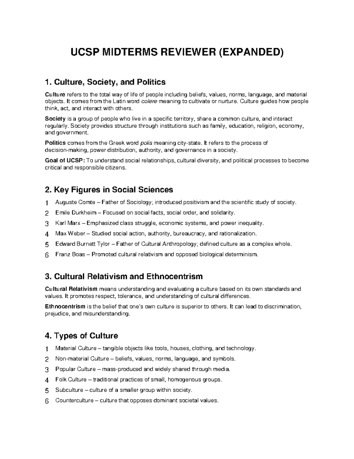 UCSP 101 Midterm Exam Reviewer: Culture, Society, and Politics - Studocu