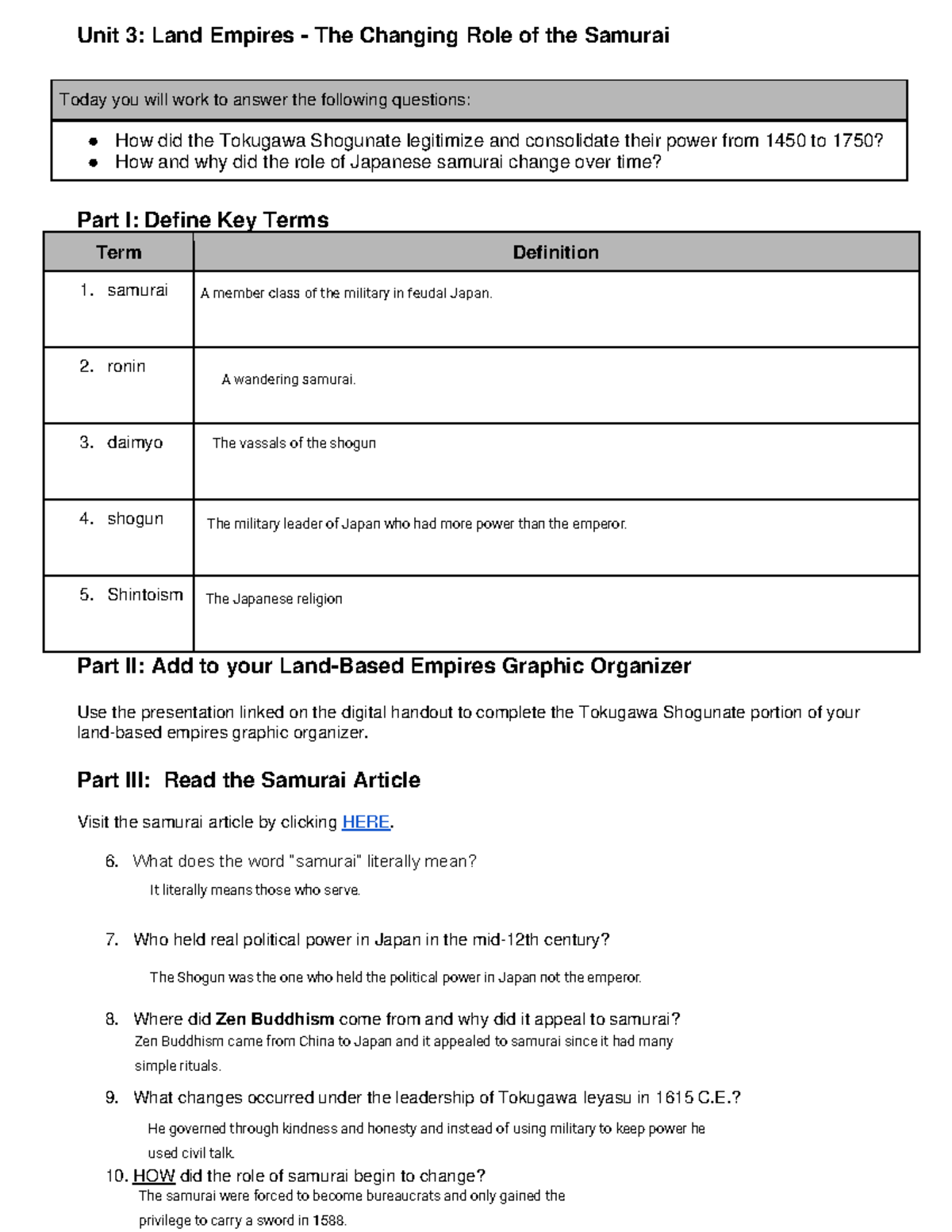 Kami Export - Unit 3 - Samurai Inquiry Lesson Handout for Students ...