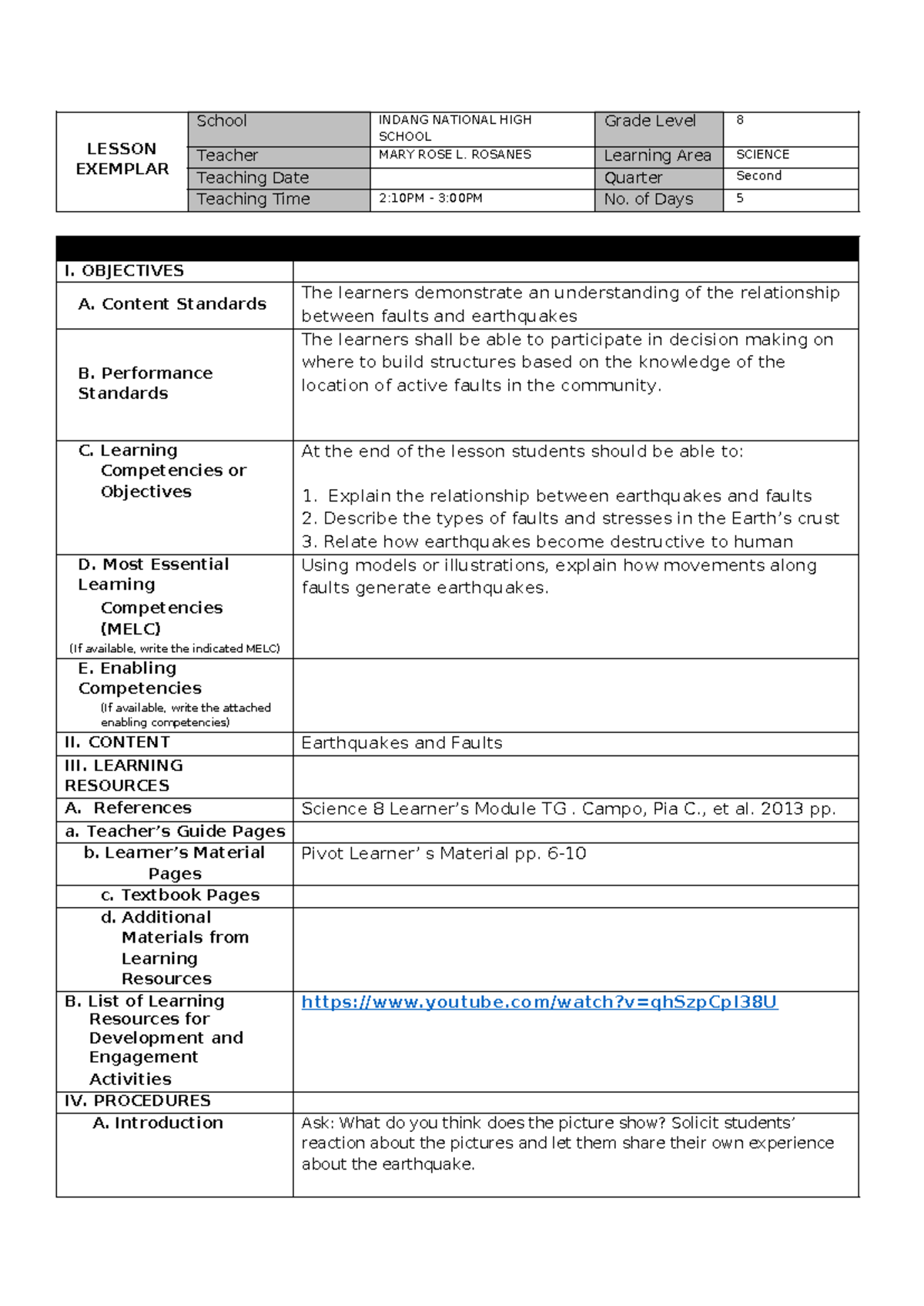 SCI 8 2nd Qtr - Lesson Exemplar on Earthquakes and Faults - Studocu