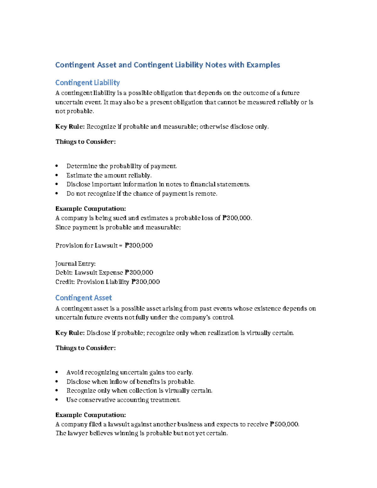 Contingent Assets & Liabilities: Key Concepts & Examples - Studocu