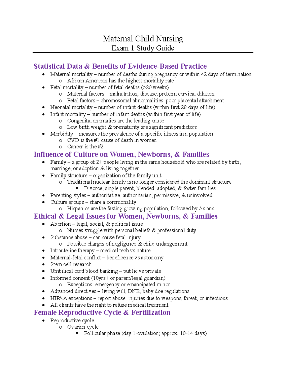 Maternal Child Nursing Exam 1 Study Guide: Key Stats & Concepts - Studocu