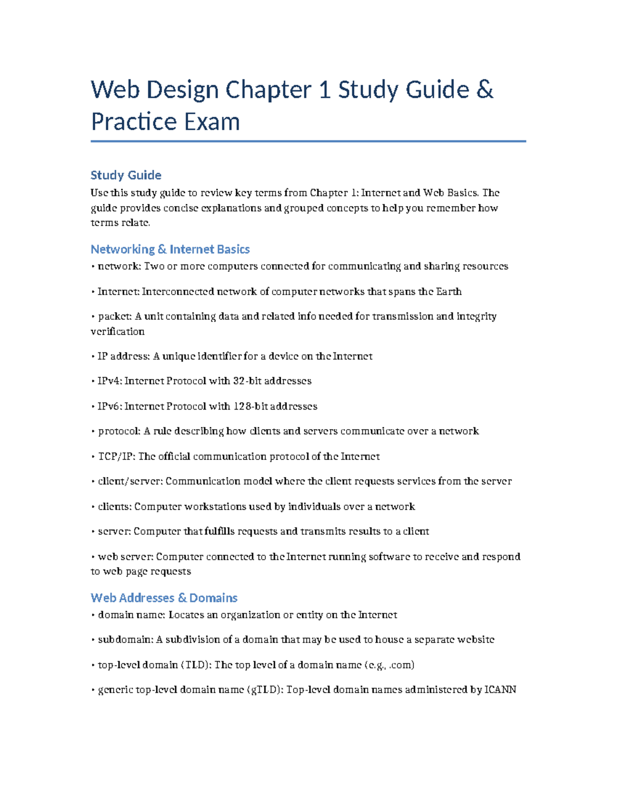 Web Design CH1 Study Guide & Practice Exam: Internet Basics - Studocu