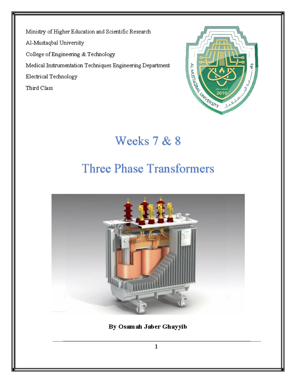 Three phase transformer - By Osamah Jaber Ghayyib Weeks 7 & 8 Three ...