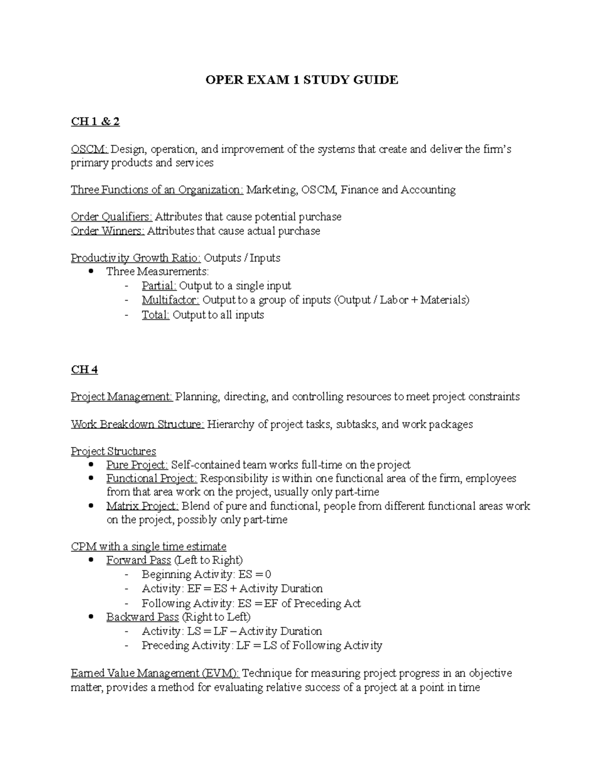 OPER 101: Exam 1 Study Guide - Chapters 1, 2, 4, and 7 Insights - Studocu