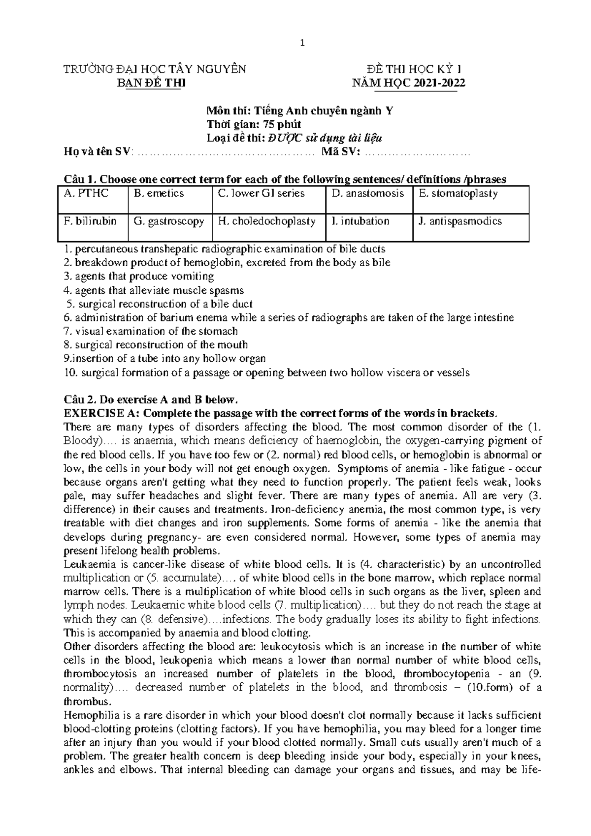 Đề Thi Học Kỳ I Môn Tiếng Anh Chuyên Ngành Y - 75 Phút - Document Preview
