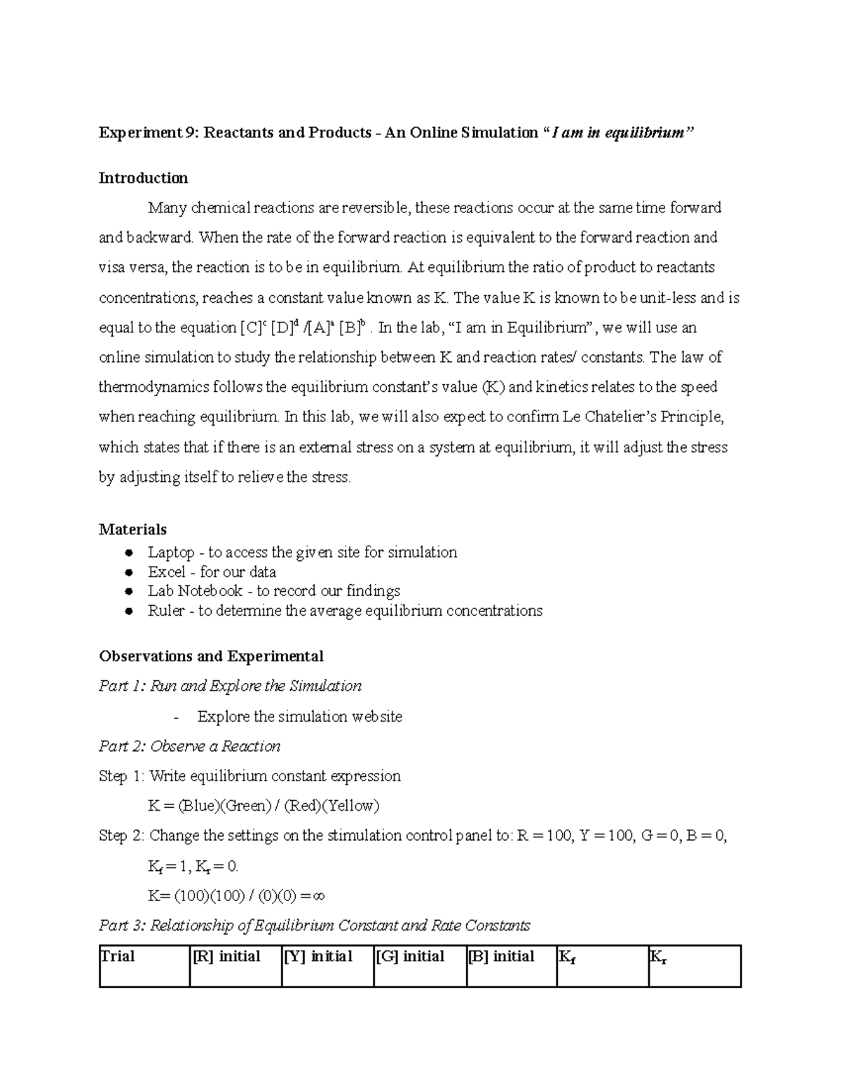 Lab 9 - Report on Reaction Equilibrium in Online Simulation - Studocu
