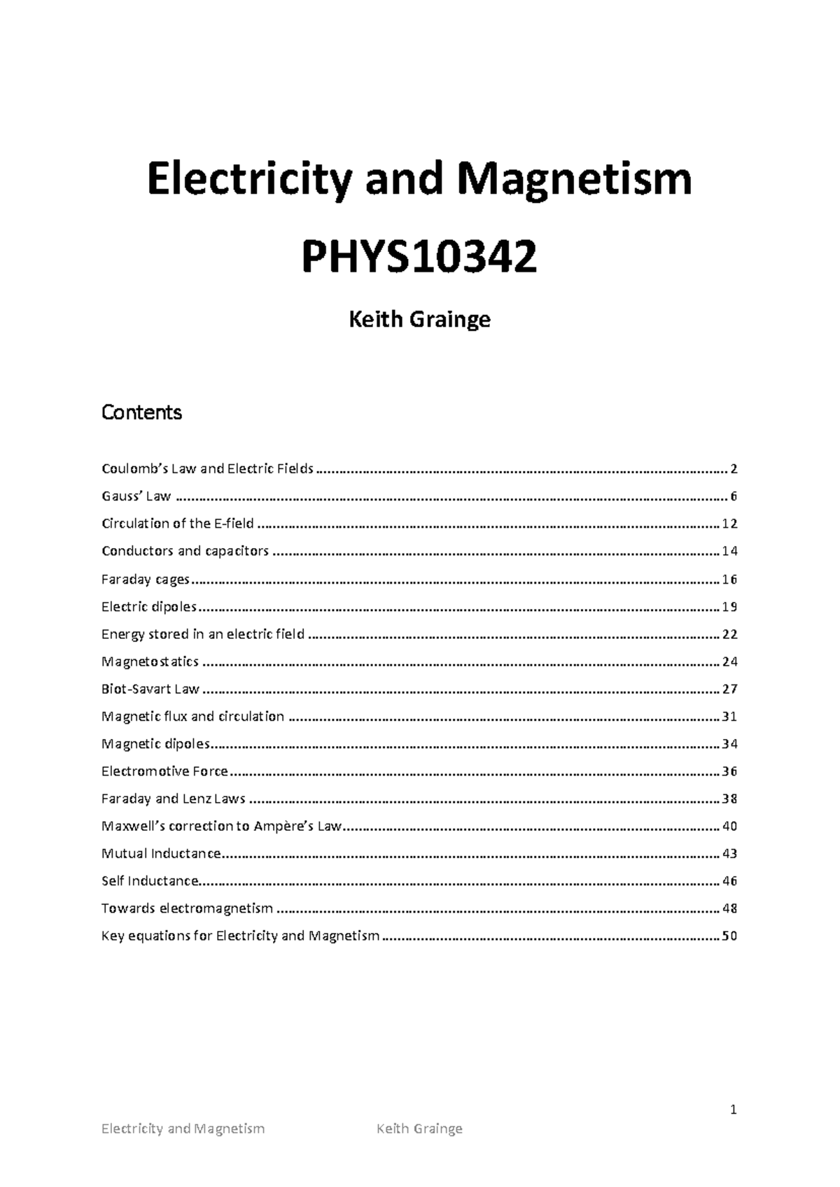 PHYS10342 Final Exam Notes: Key Concepts in Electricity and Magnetism ...