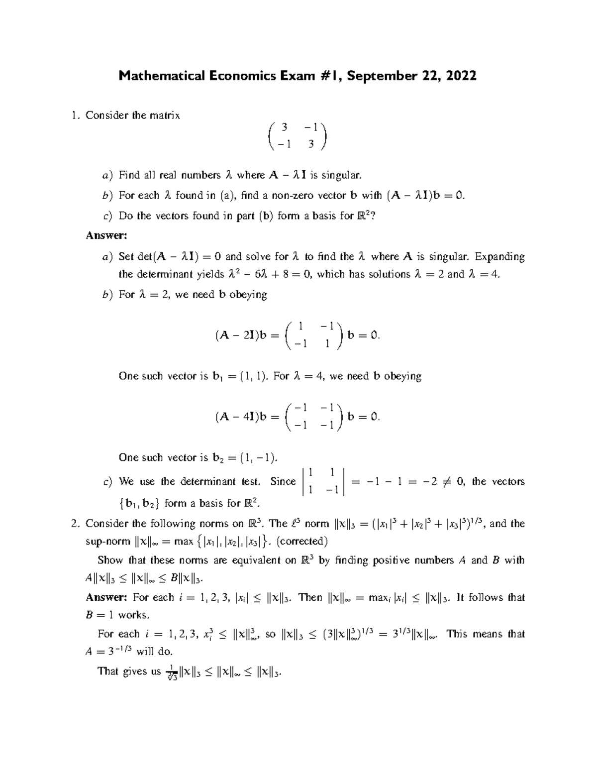 Mathematical Economics Exam (ECO 22) - September 22, 2022 - Studocu
