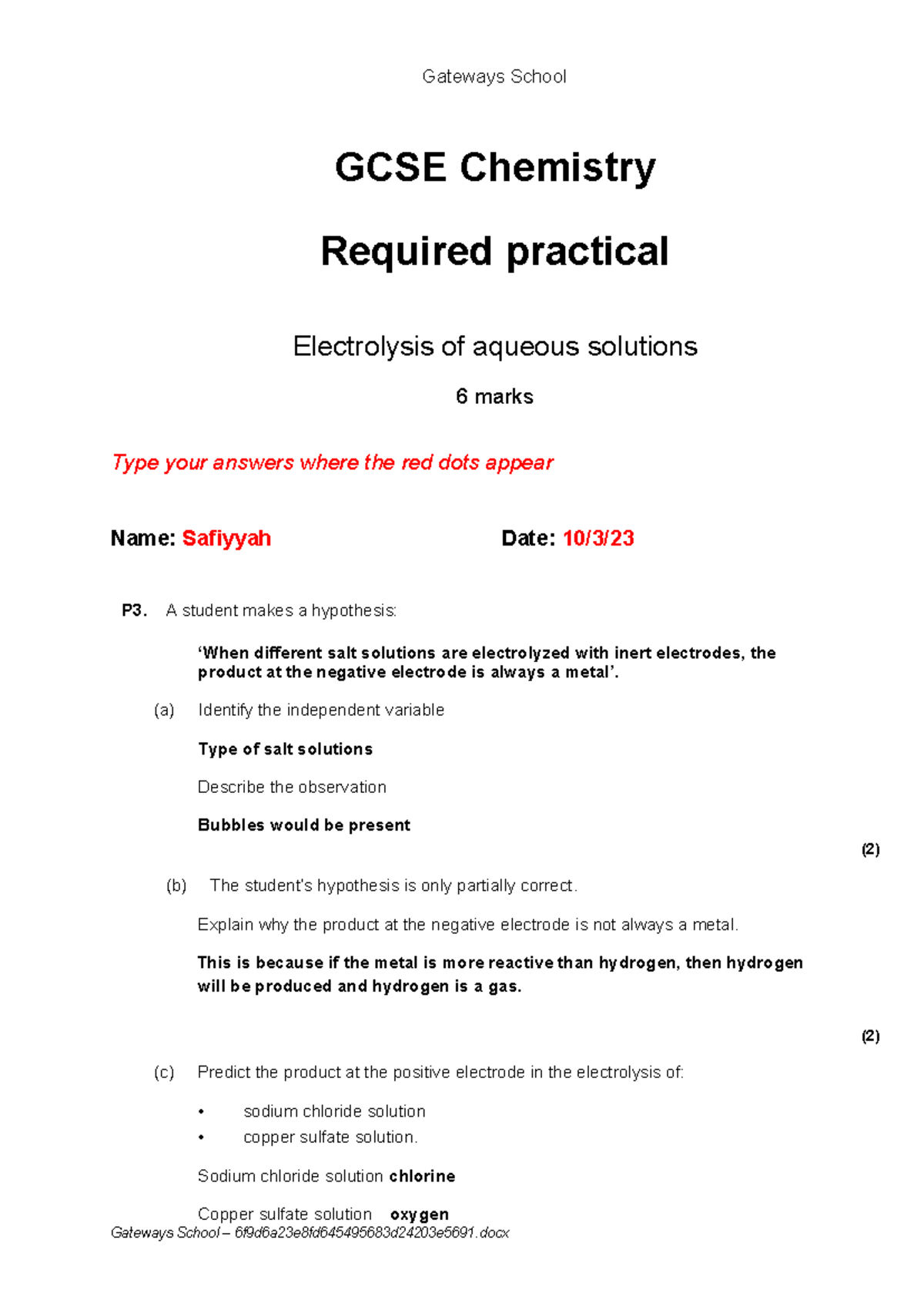 GCSE Chemistry Required Practical: Electrolysis of Aqueous Solutions - Studocu