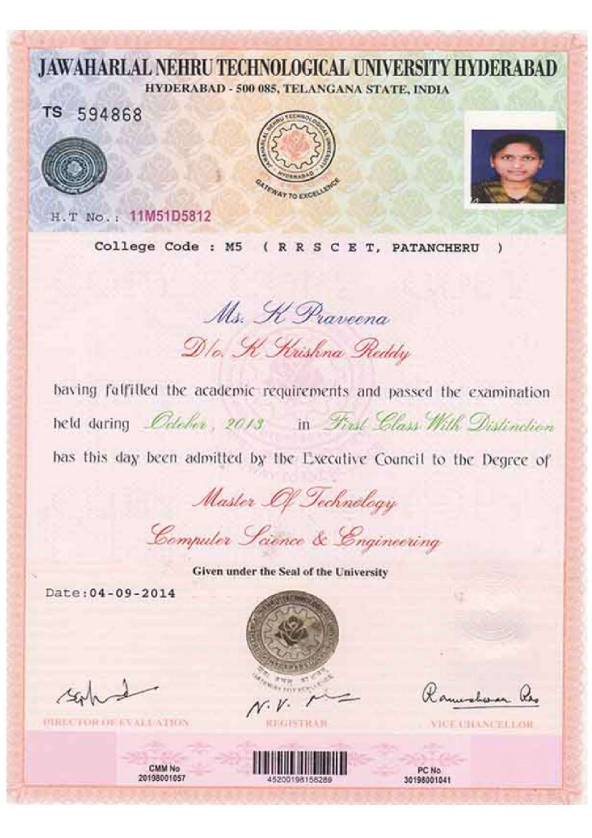 M.Tech Degree Certification - K Praveena, CSE, JNTUH - Studocu